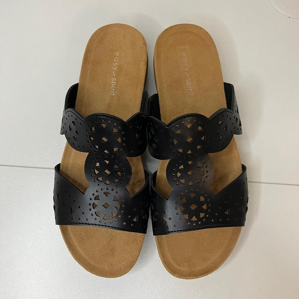 Easy Spirit Black Laser-Cut Double Strap Slide Sandals